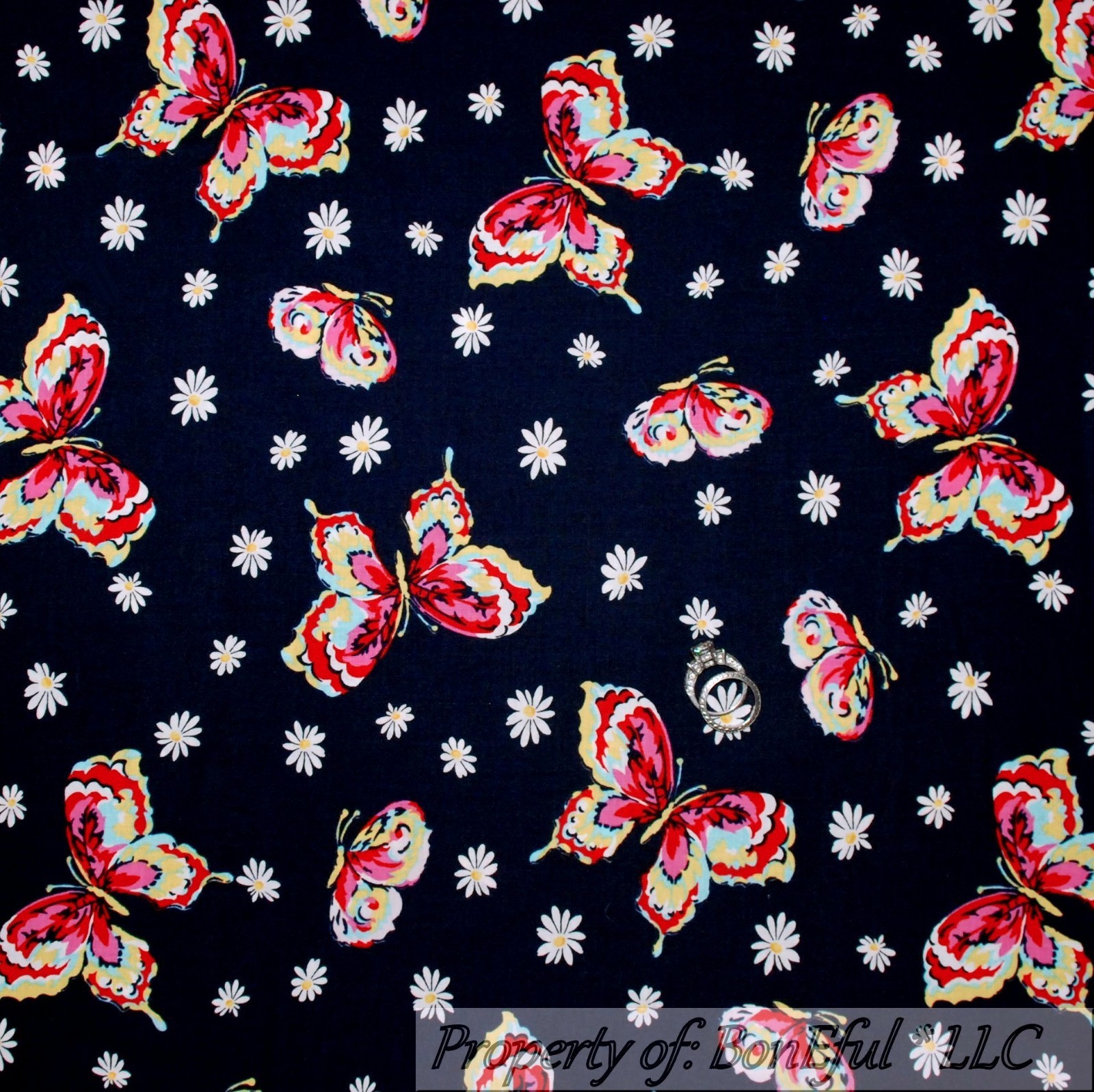BonEful Fabric FQ Cotton Quilt Navy Blue Red White Yellow BUTTERFLY Flower Daisy