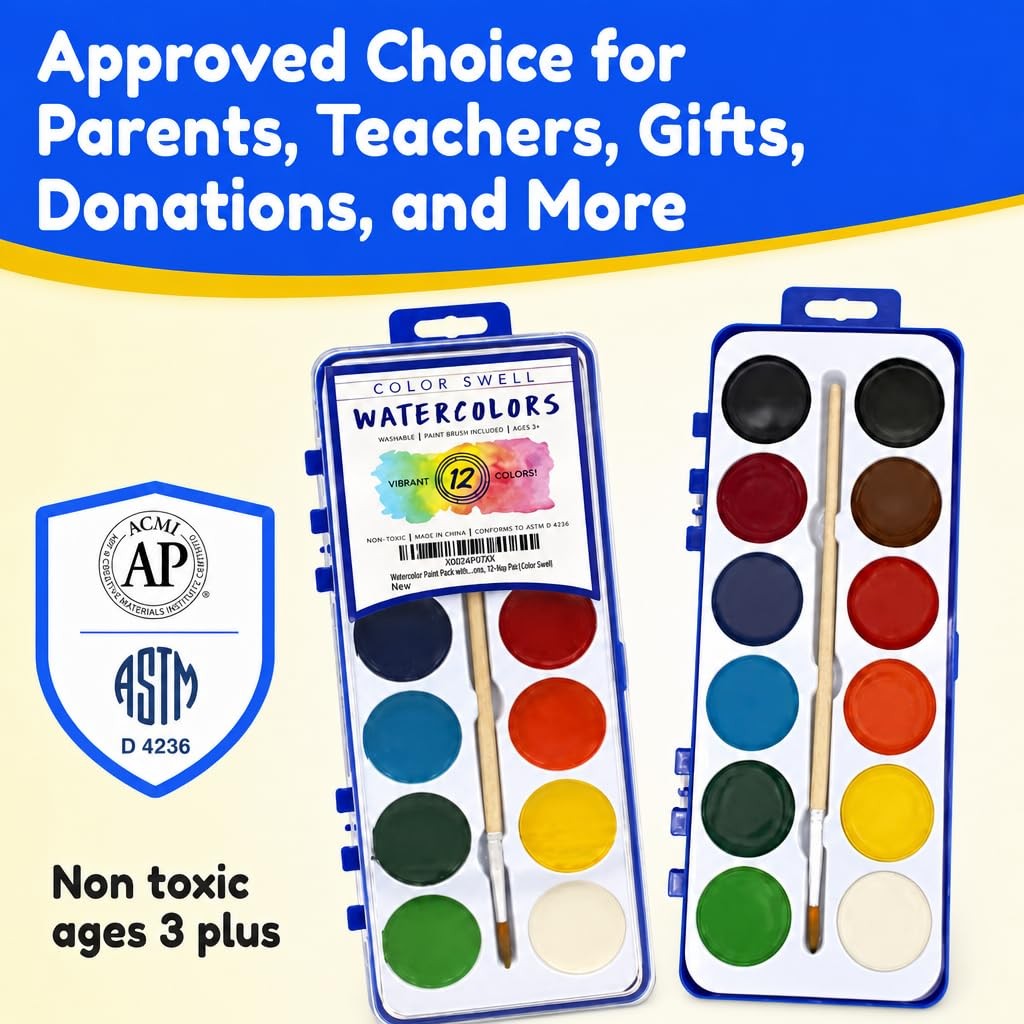 Watercolor Paint Pack Wood Brushes 12 Colors 0.61 Ounce Washable 18 PCS