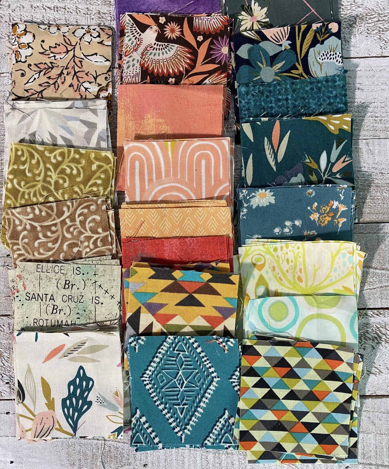Cotton Fabric 100 Precut 2.5” Squares Coral Peach Green Teal Blue Cream Quilt