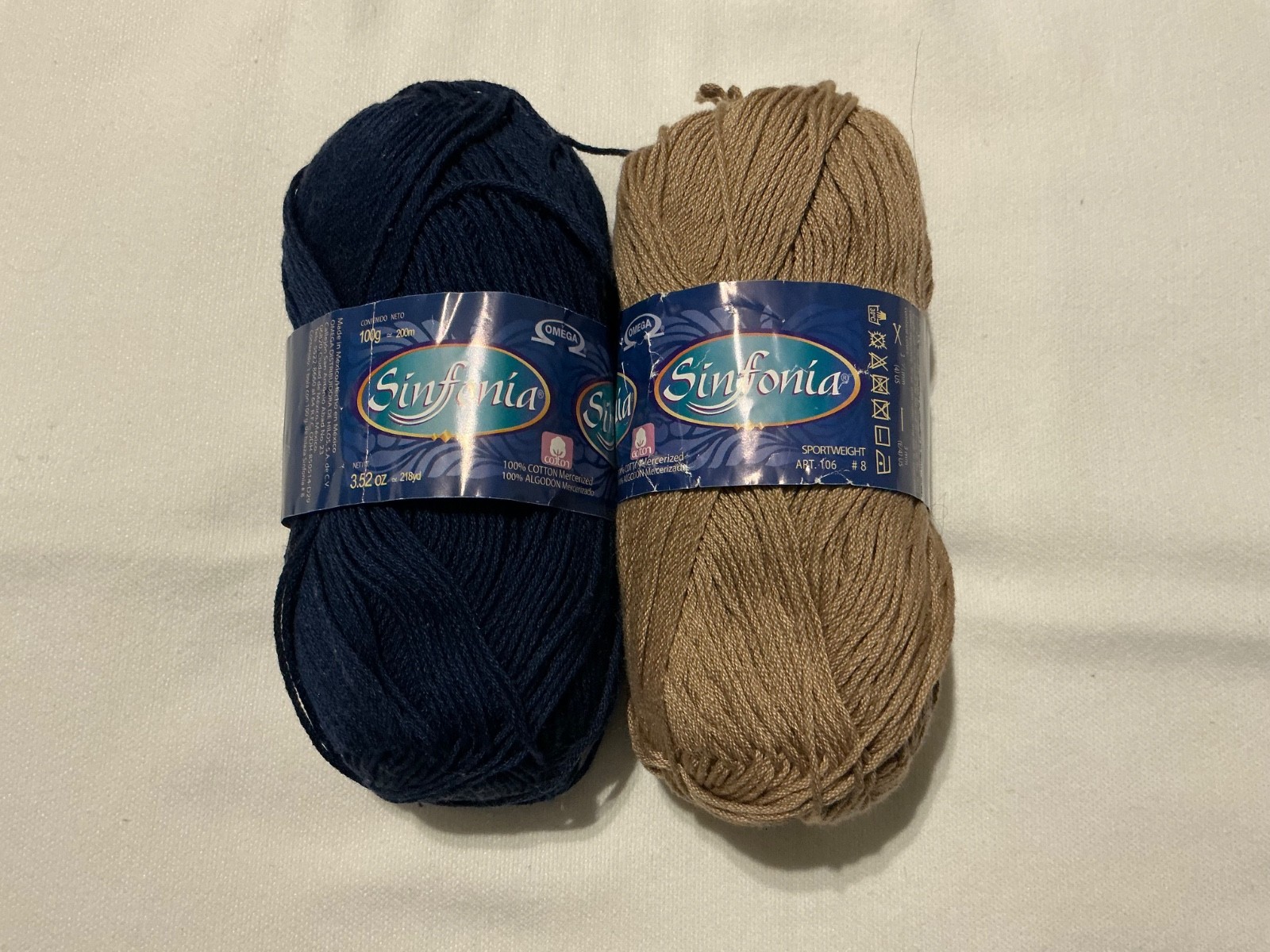 Omega Sinfonia Yarn Color Dark Blue/ Khaki 3.52 oz/218 yd 100gr Lot of 2