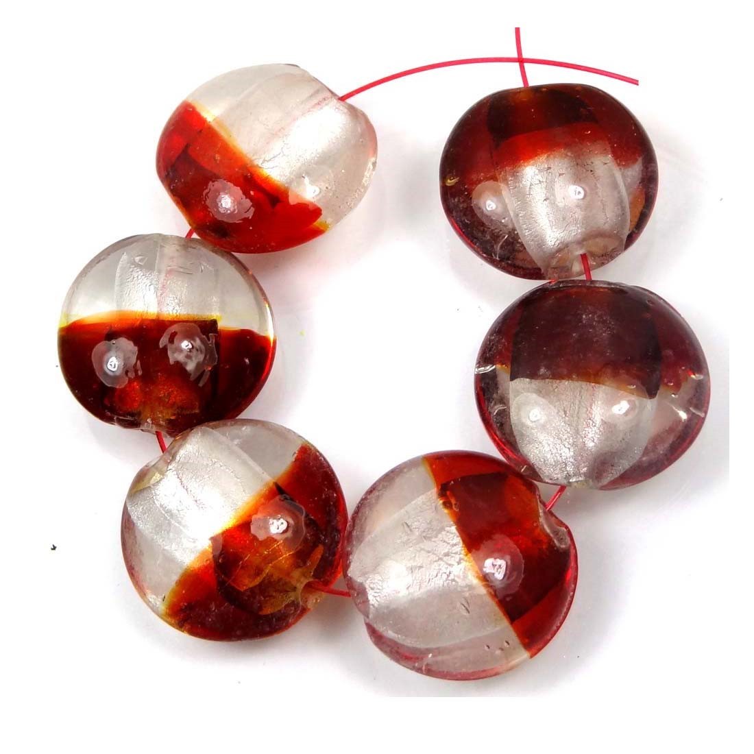 6 Handmade Lampwork Glass Beads Silver Foil Crystal – Red Wine Coin Lentil 20mm