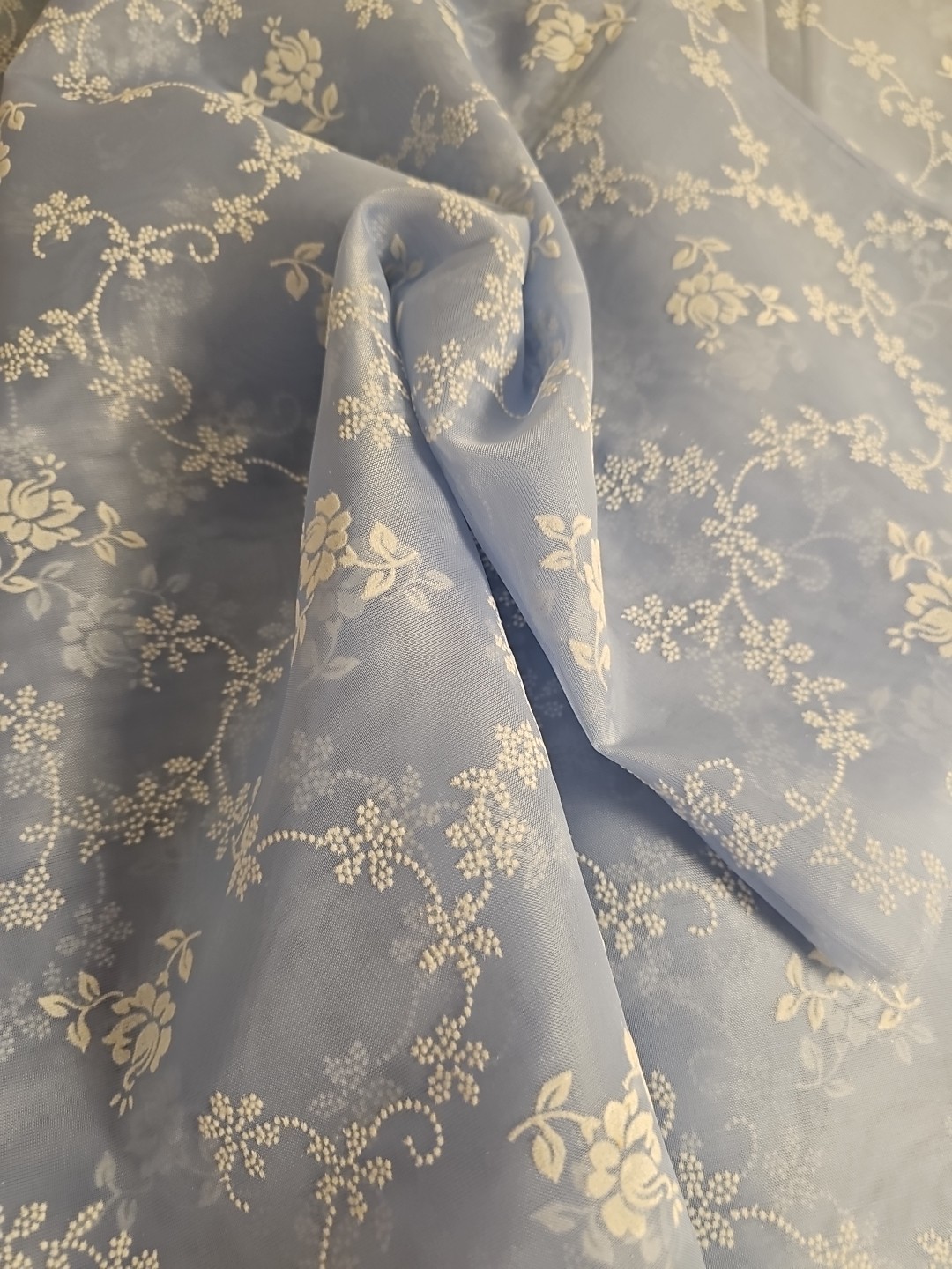 2 Yards Sheer, Tulle Fabric With White Flocked Flowers, (44″ Wide)