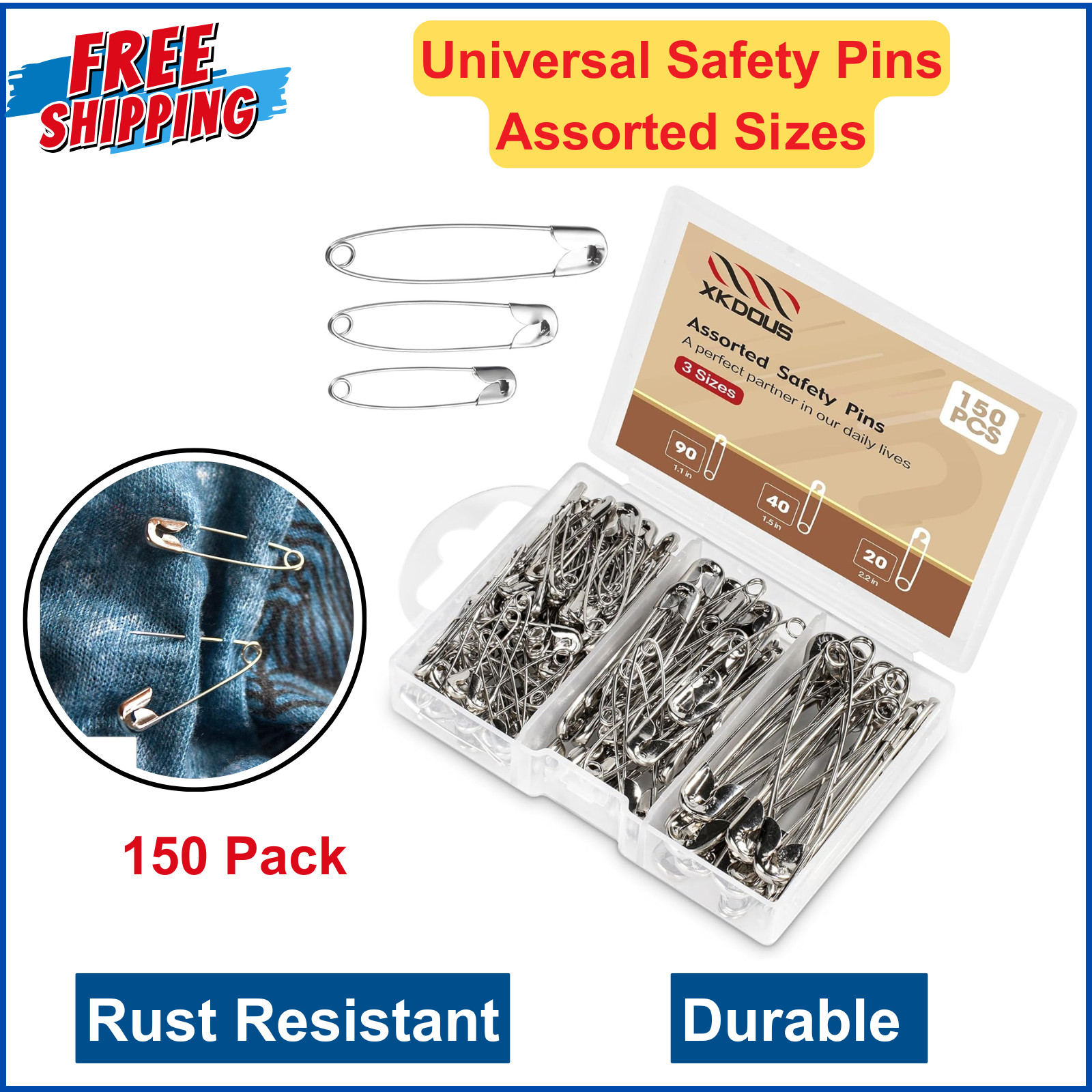 Safety Pins 150 PCS Safety Pins Assorted, 3 Different Sizes Silver Safety Pins