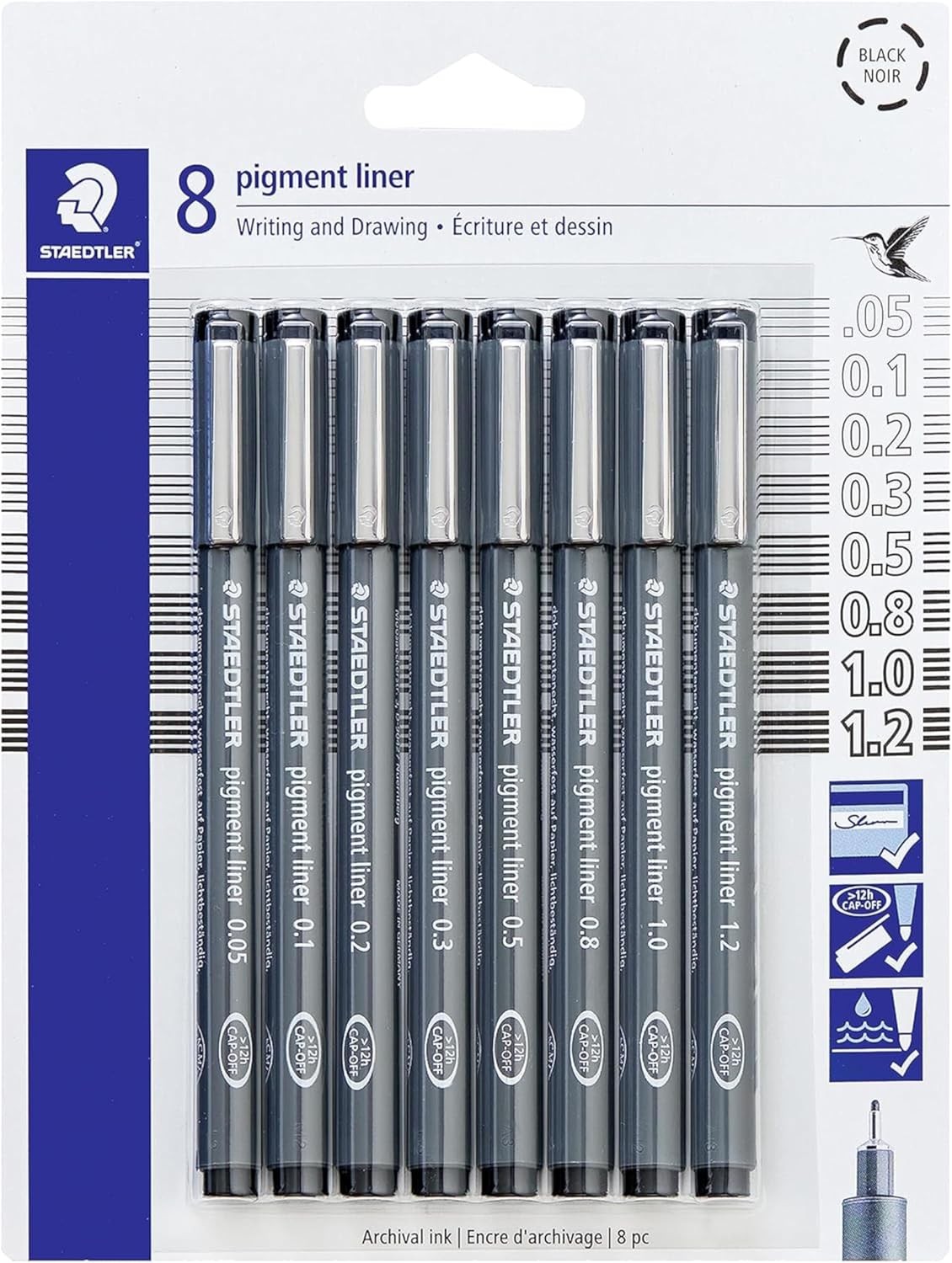 STAEDTLER Pigment Liner Pack, Black, 8 Pens, 1 Count (Pack of 8), Black