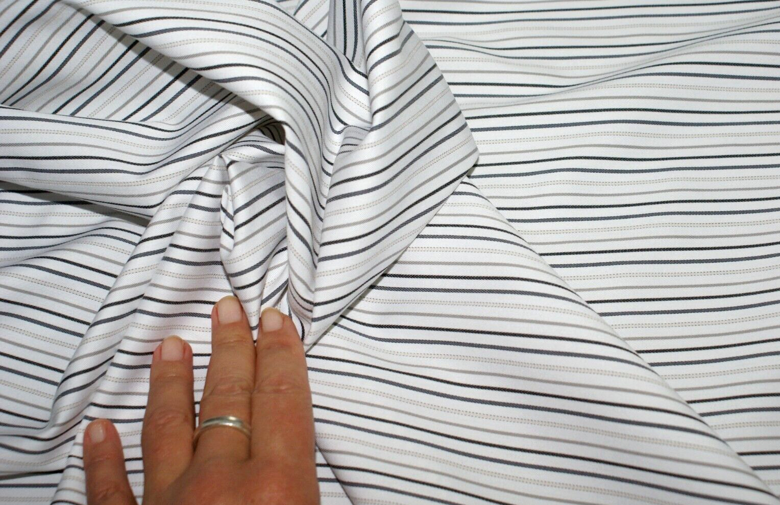 1 Metre – BLACK, GREY & WHITE Stretch Woven Stripe Cotton Fabric, Mid Weight