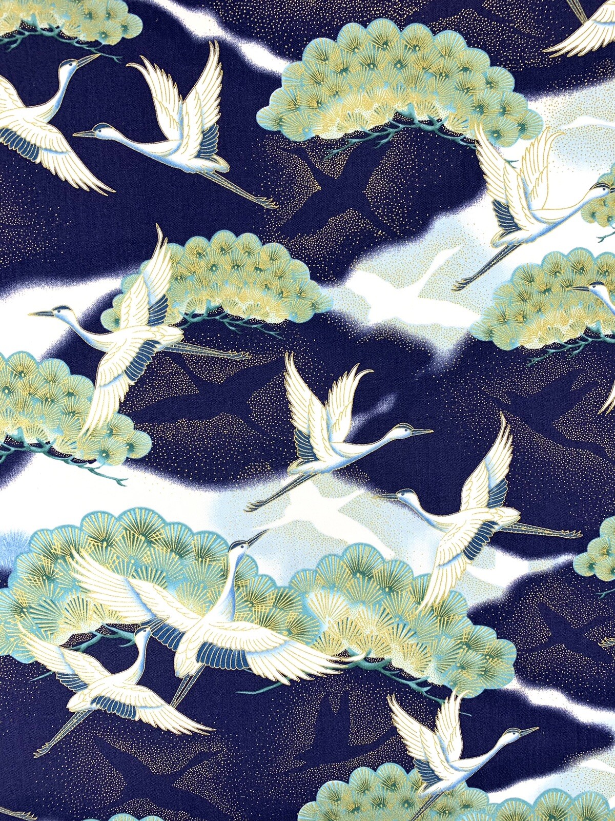 Oriental cranes fabric metallic heron stork birds blue teal Japanese Chinoiserie