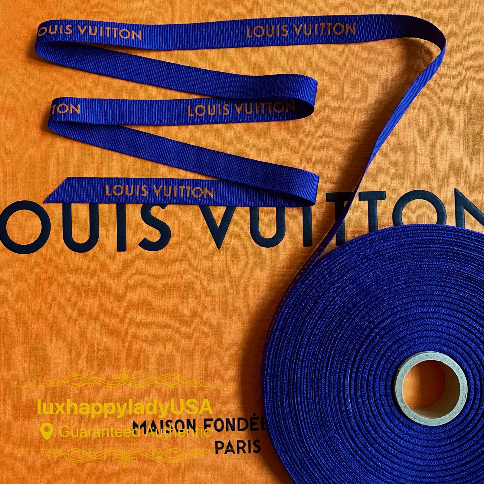 ❤️ New Authentic LOUIS VUITTON 1/2″ Blue & Gold Logo Gift Ribbon 1 Yard (36″) 🔥