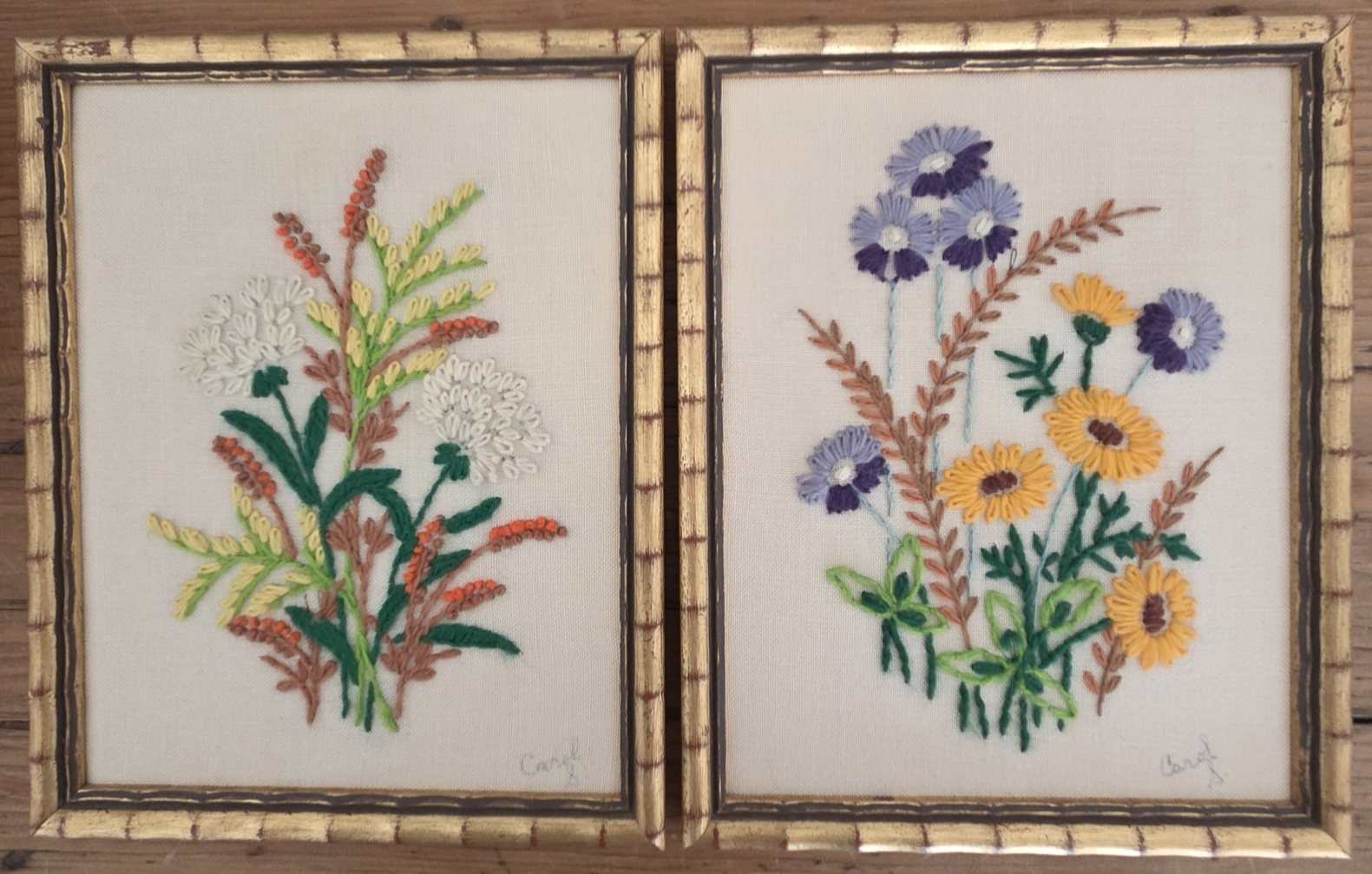 VTG Crewel Embroidery Wall Art Pair Flowers Faux Bamboo Gold Frame Grannycore