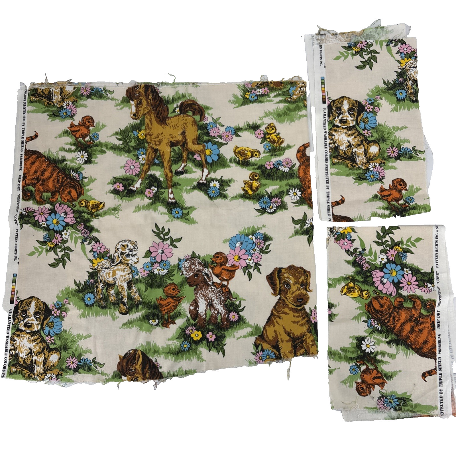 Vintage 1970’s Baby Farm Animals Fabric Cottage Core 24”x48” + Bonus Strips USA