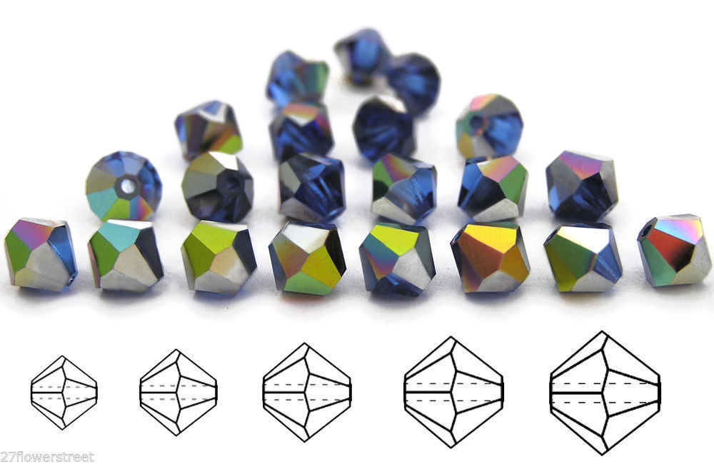 Czech Bicone Crystal Beads Sapphire Vitrail coated blue Rondelle Diamond