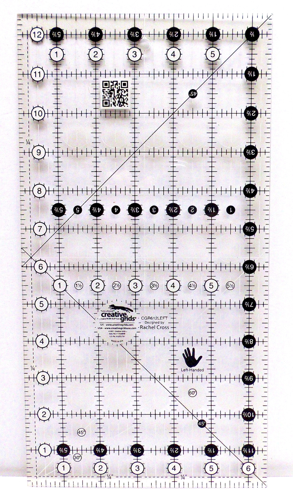 CREATIVE GRIDS 6.5″ x 12.5″ RULER Quilting, Non Slip, CGR612LEFT. Rachel Cross.