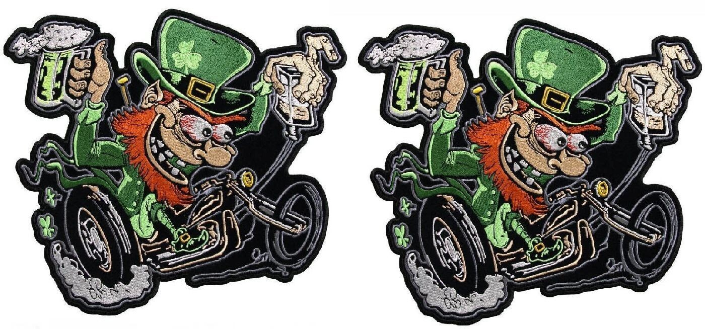 LEPRECHAUN IRISH BEER BIKE EMBROIDERED PATCH || 2PC Iron on Or Sew 4″x4″