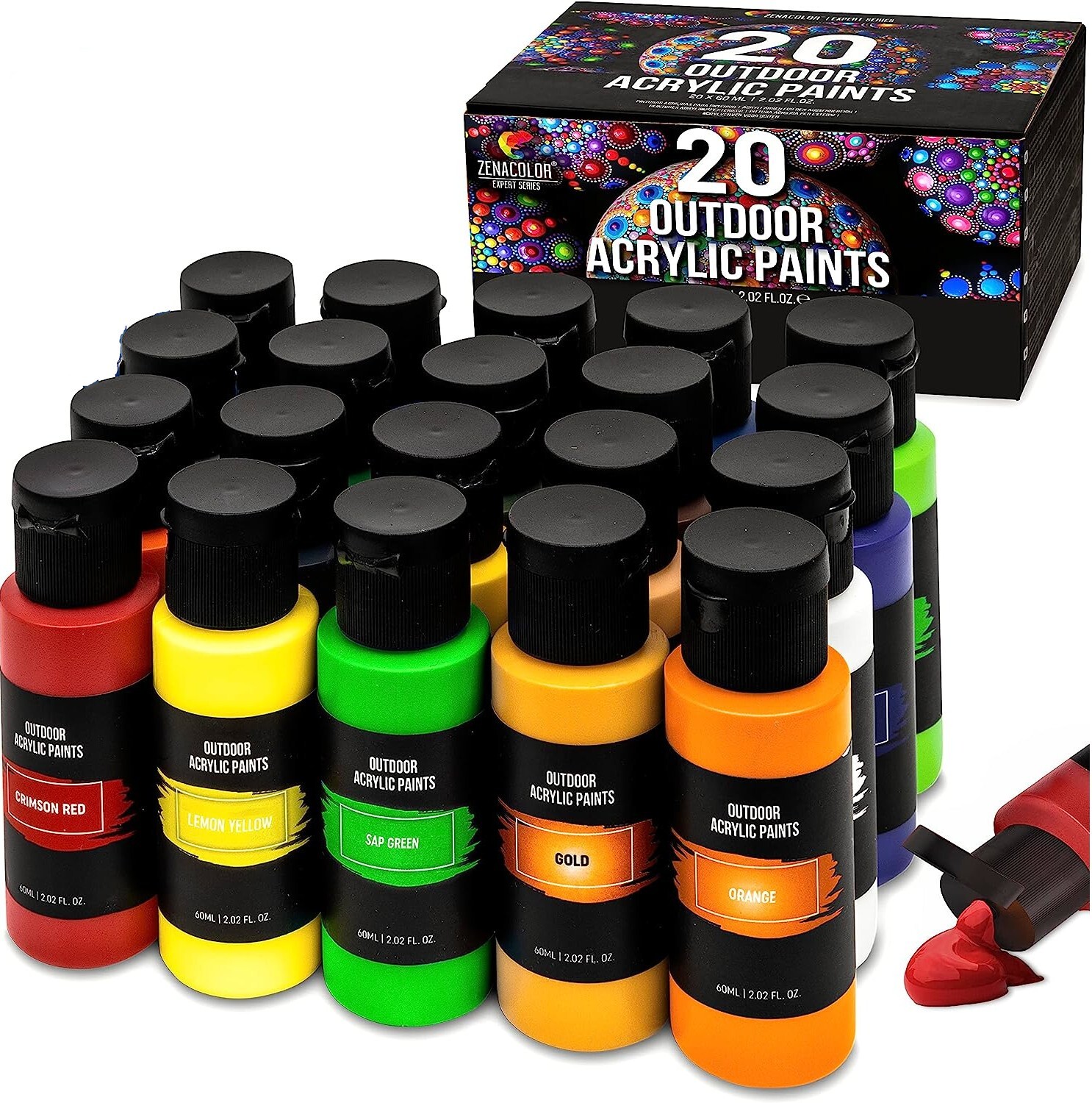 Zenacolor Store Indoor/Outdoor Acrylic Paint, Set of 20 2oz Tubes, Waterproof