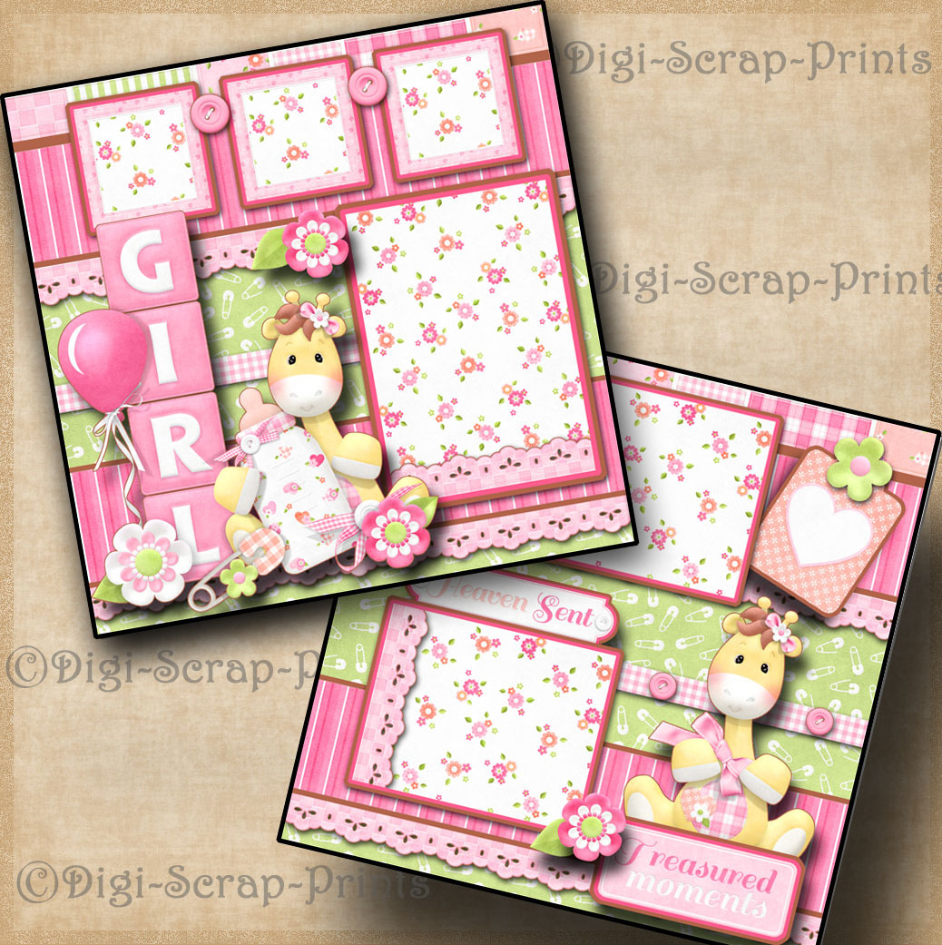 BABY GIRL ~ 2 premade scrapbook pages paper piecing layout BY DIGISCRAP #A0057