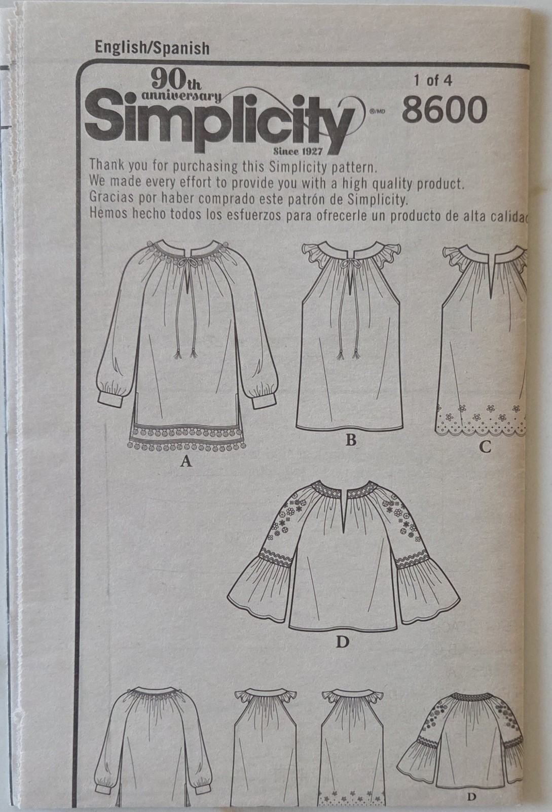 Simplicity Pattern 8600 Pullover Tops Bell Sleeve Misses Size 6 8 10 12 14 UNCUT