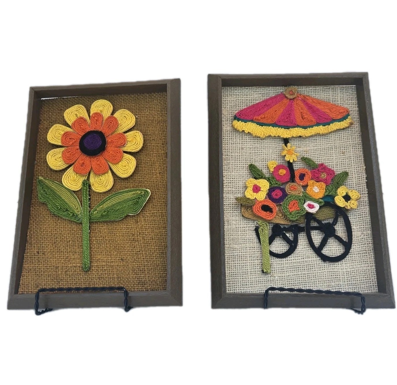 Vtg Revell 3-D Yarn Art Floral Daisy Flower Cart Wall Decor Groovy Boho Cottage