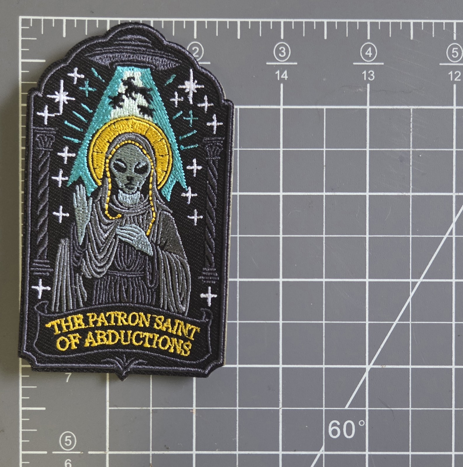 Grey Alien Patron Saint Of Abductions Extraterrestrial Ufo Weird Iron on Patch