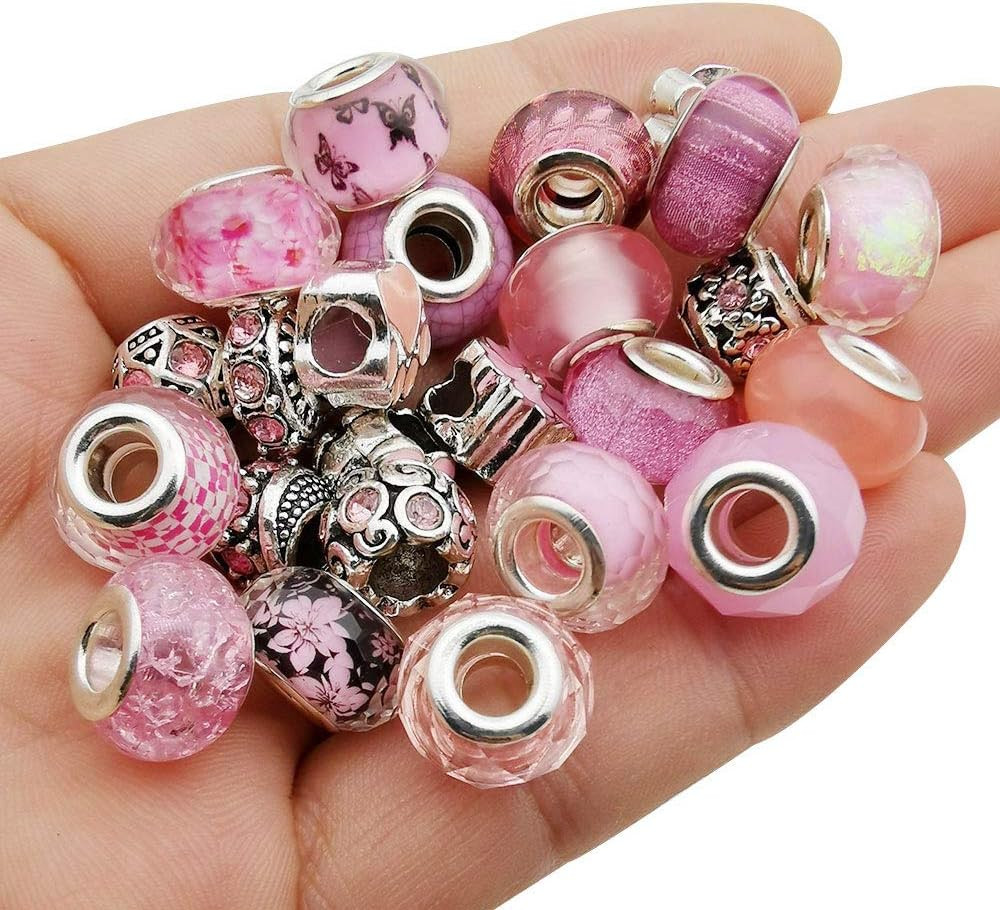 50pcs Assorted Pink Resin Imitation Glass European Large Hole Beads Rhinestone M