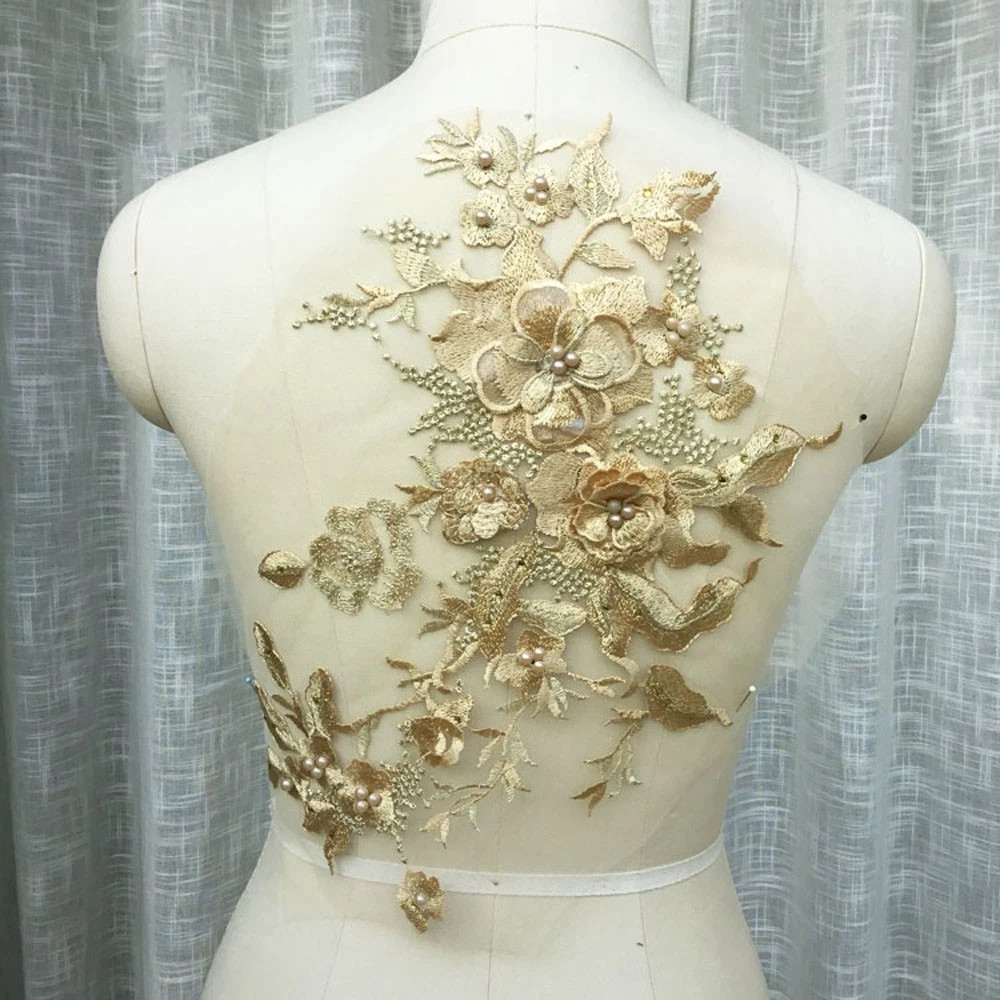 3D Flowers Beaded Lace Fabrics Applique Embroidery Sewing On Patches