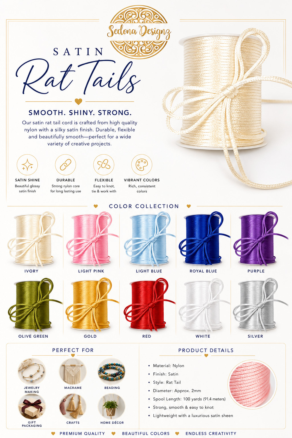 2mm Satin Rat Tail Cord String – 100 Yards Roll – Smooth Shiny Nylon Cord