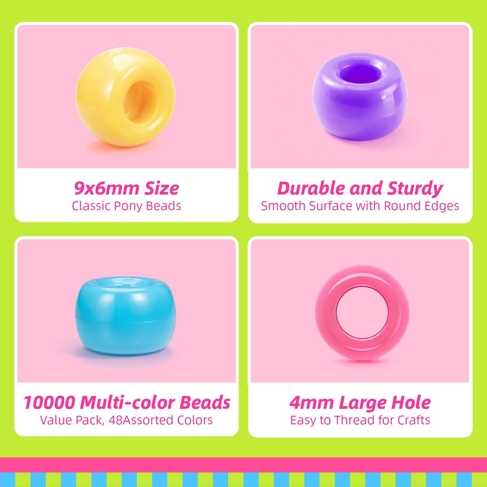 10000Pcs 48 Colors Pony Beads Bulk, 6X9Mm Plastic Kandi Beads for Bracelet Hair