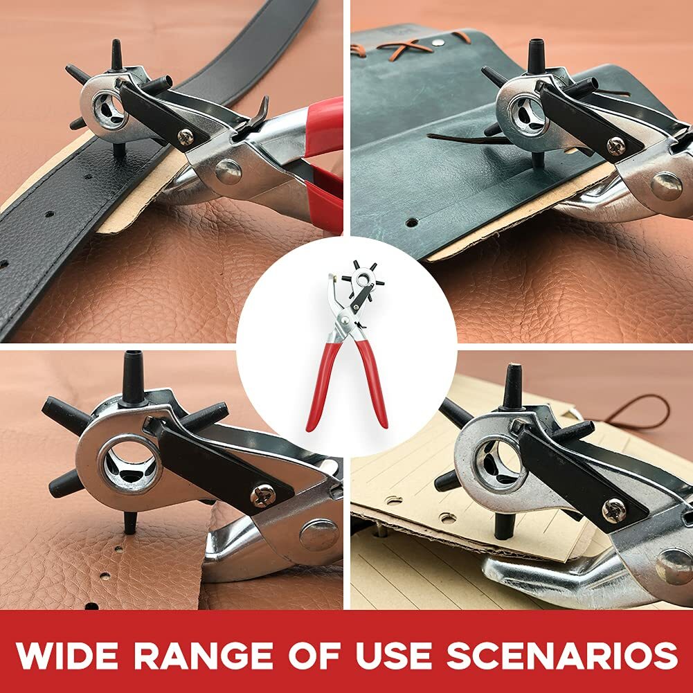 Leather Hole Punch Belt Tool 6 Sizes Puncher Revolving Pliers Heavy Duty +Marker