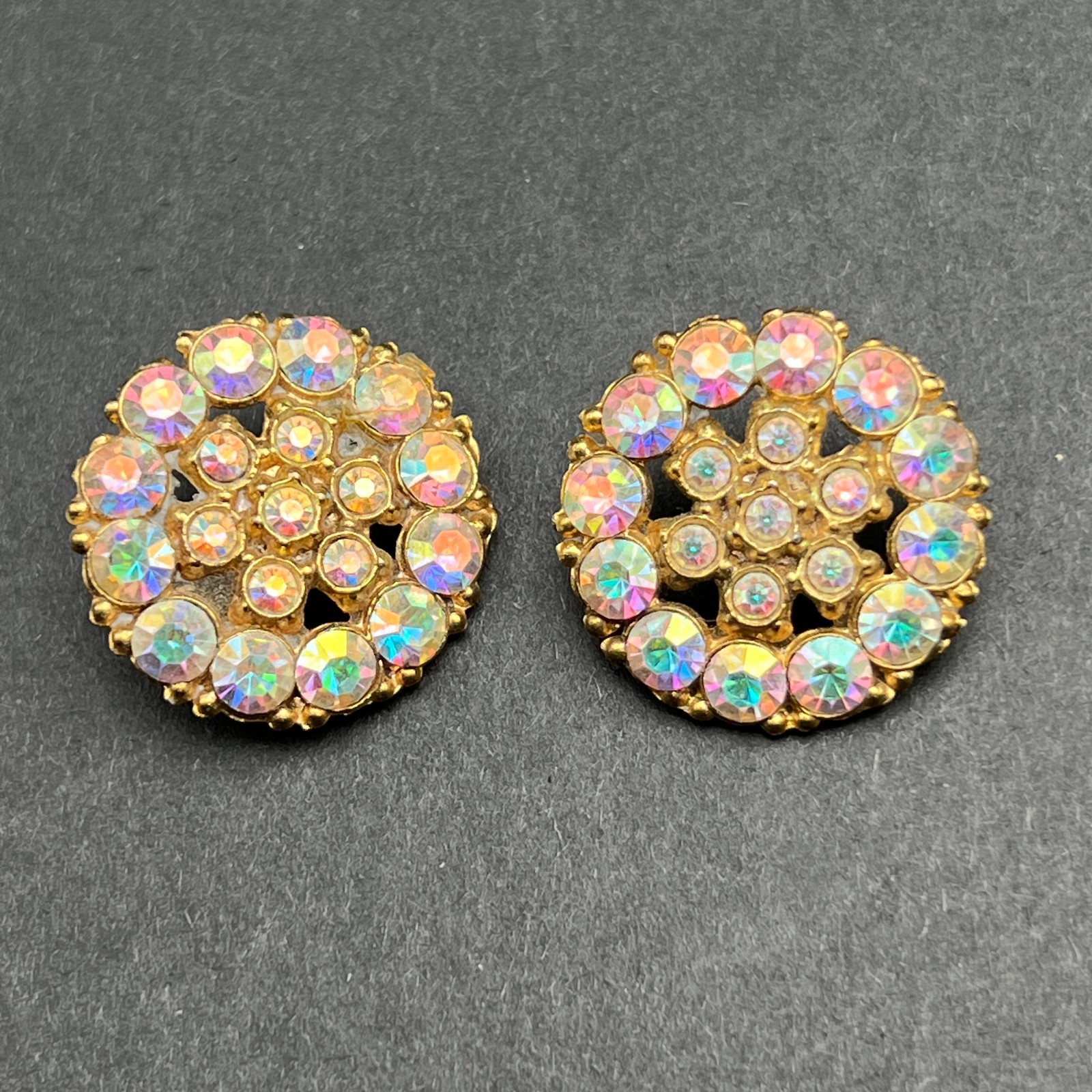Vintage Aurora Borealis Rhinestone Buttons Gold Tone Set Of Two Decorative Round