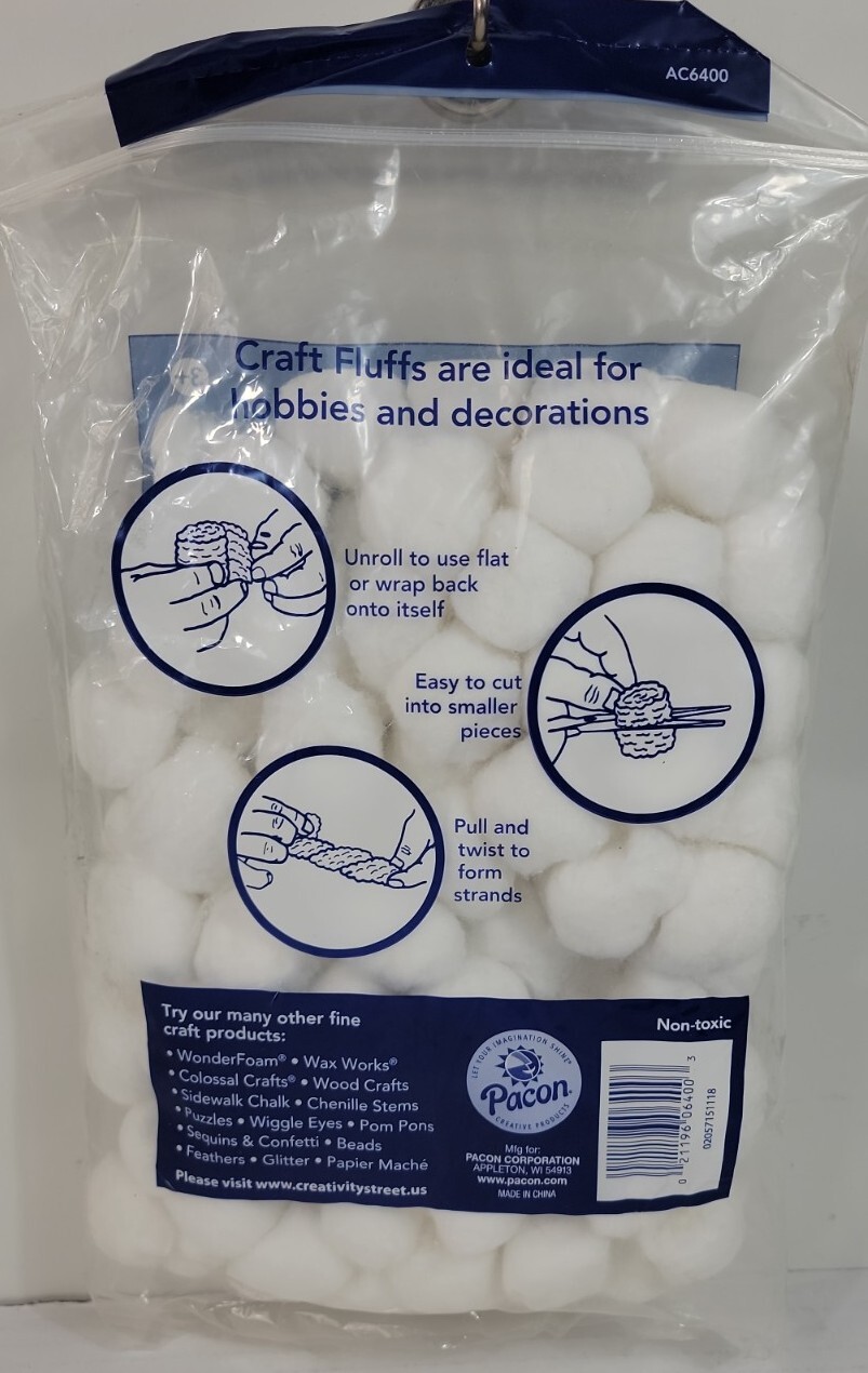 Cotton Balls, Triple Size Craft Fluffs, White, Approx. 1″, 100pcs. New