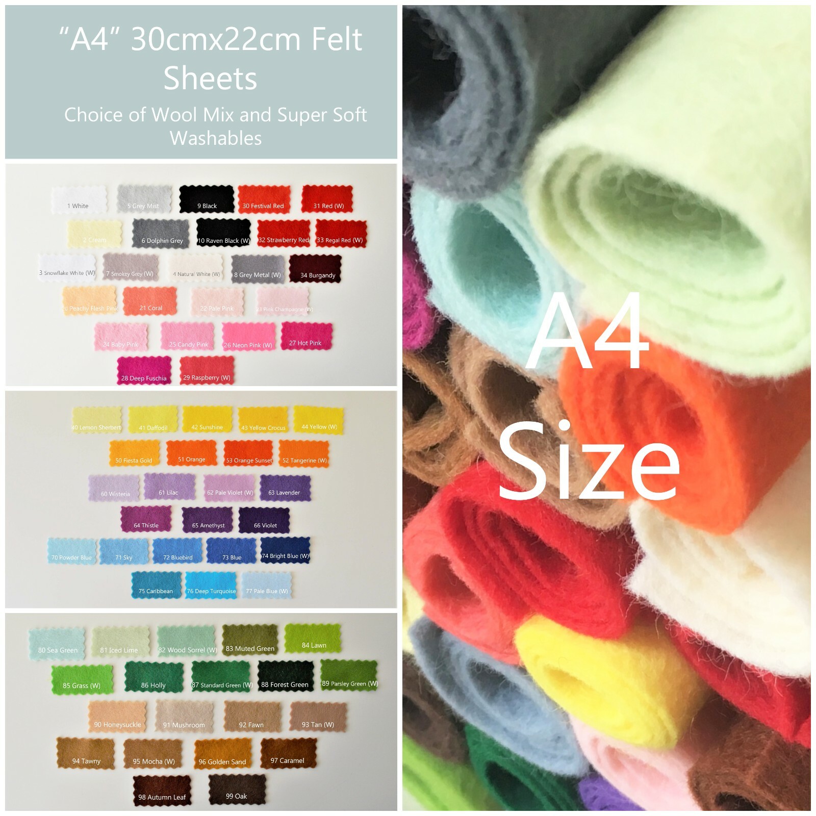 Wool Mix and Like Soft Feel Washable Felt | 70+ Colours | 30cmx22cm “A4” Size