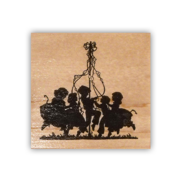 Children dancing Maypole Silhouette mounted rubber stamp, summer fun kids CMS #1