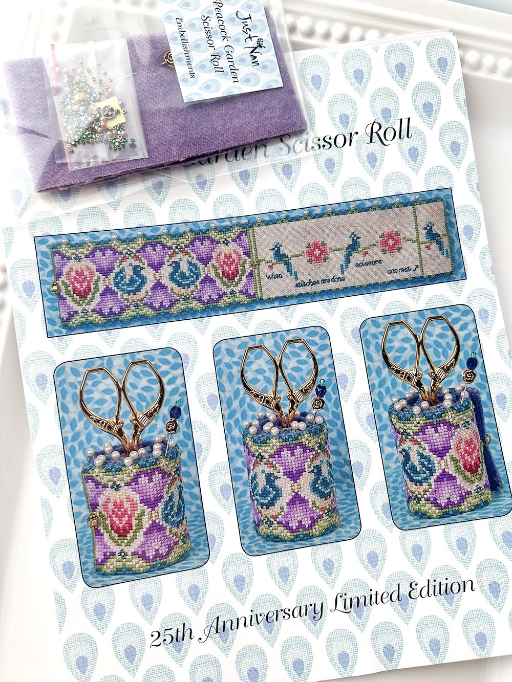 Just Nan PEACOCK GARDEN SCISSOR ROLL Embellishment Beads Pin Pack Kit OOP