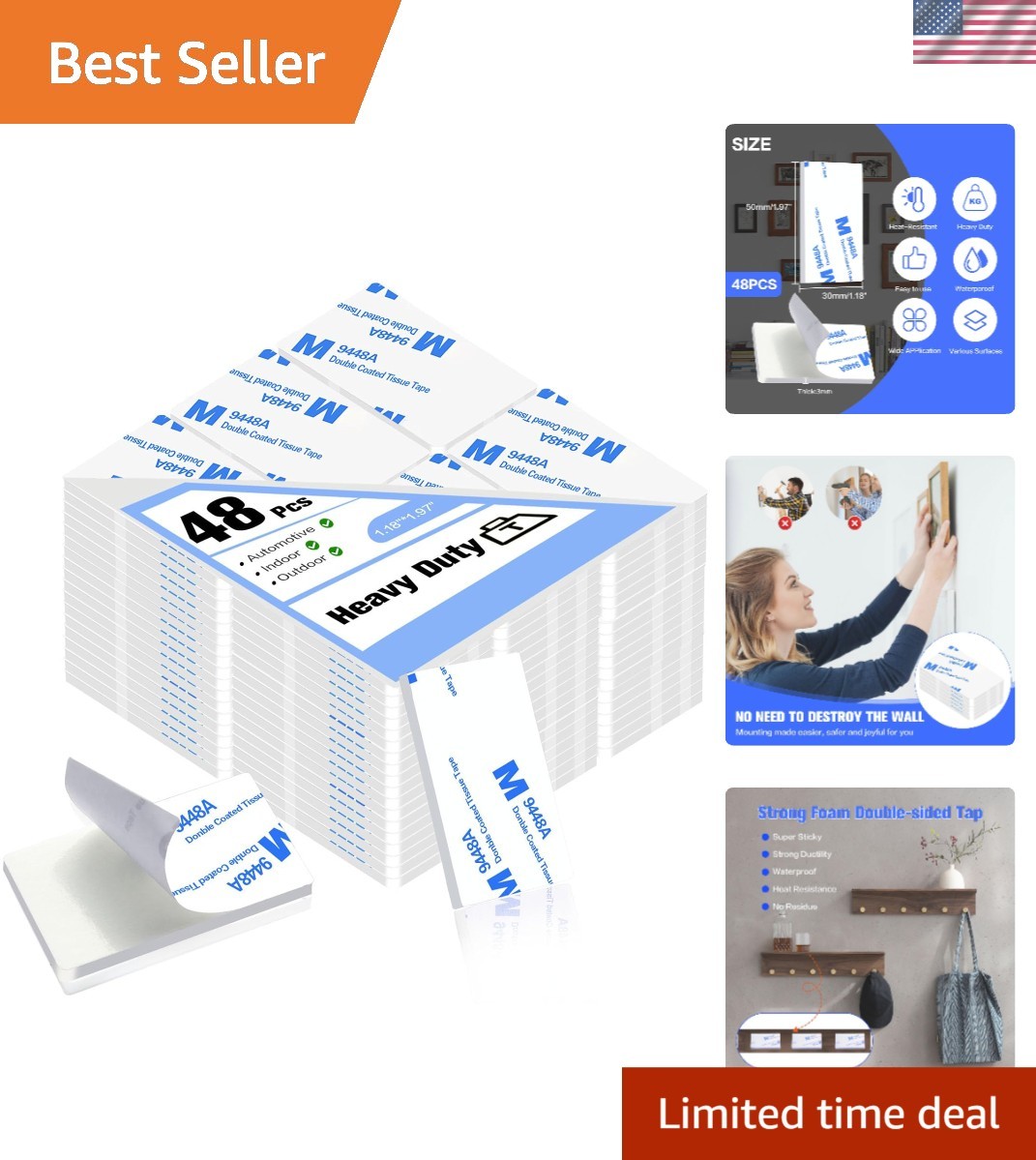 48-Pcs Heavy Duty Double-Sided Adhesive Pads – Waterproof & Removable Tape