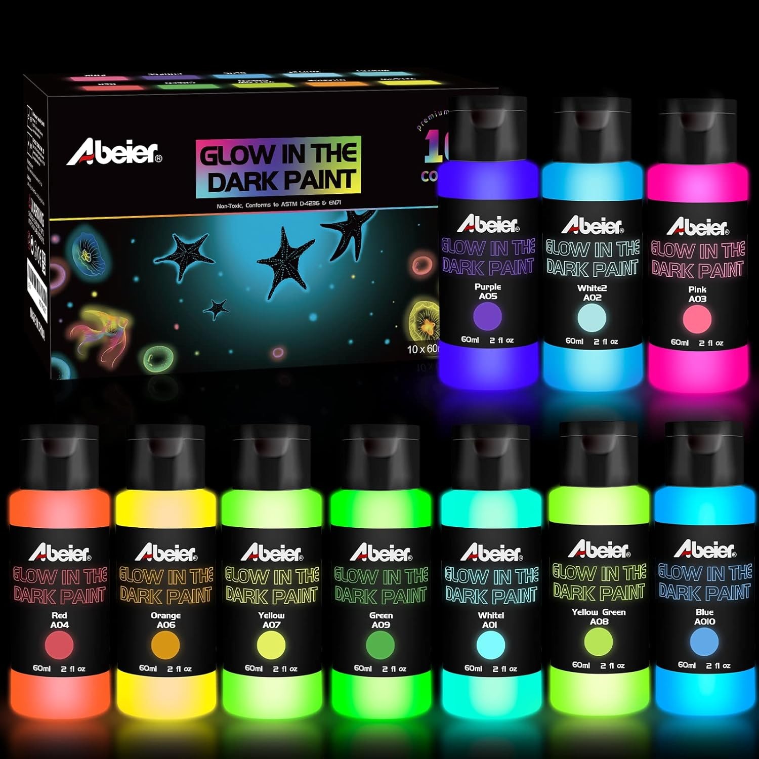 ABEIER Glow in the Dark Acrylic Paint – 10 20 Fl Oz (Pack of 1), multicolor