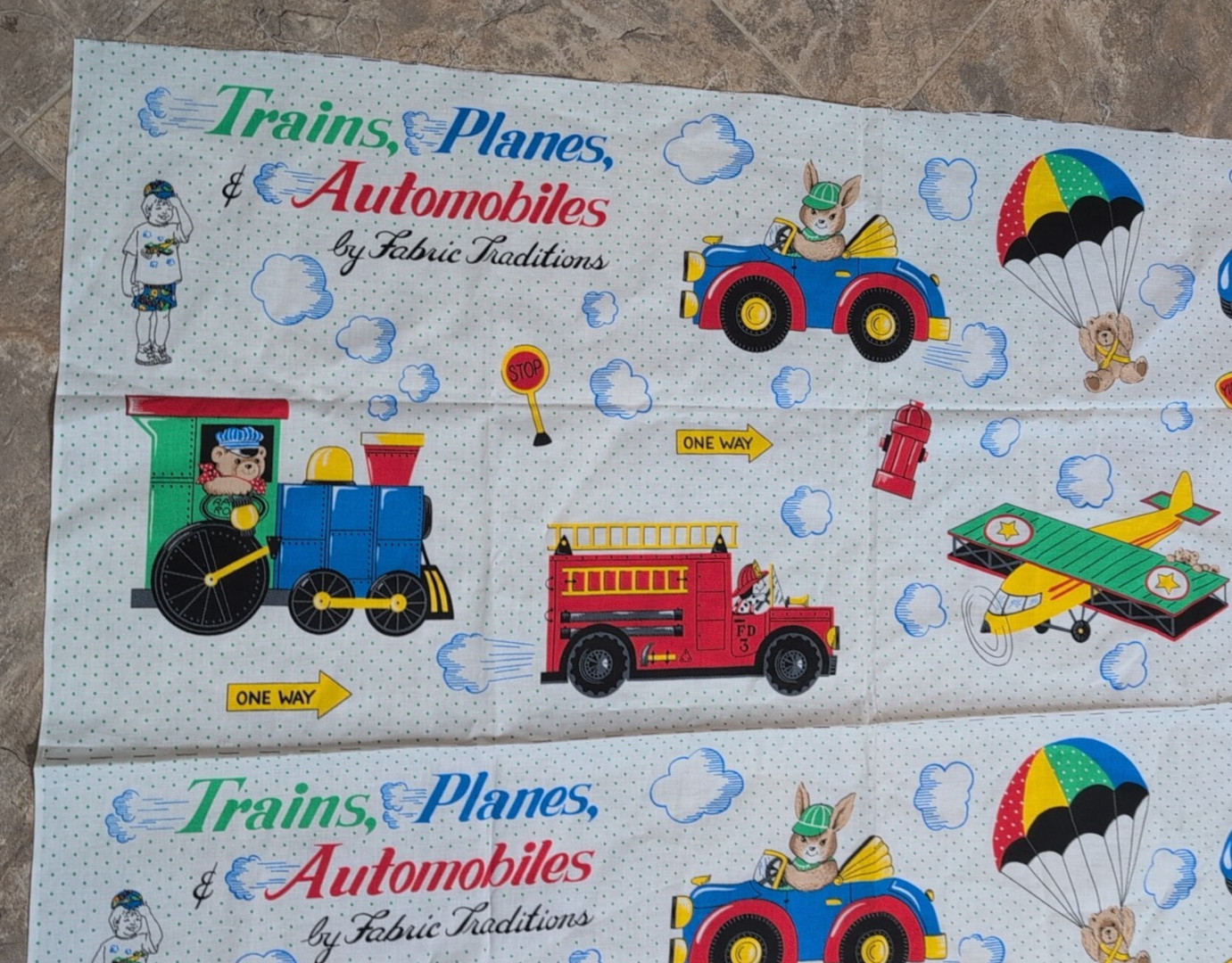 Vtg TRAINS, PLANES & AUTOMOBILES by Fabric Traditions Lot of 2 panels Quilt Kids