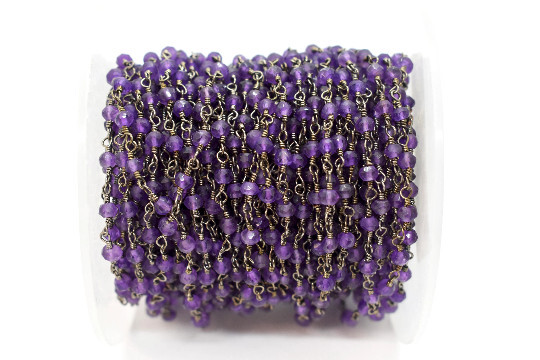 1Foot- Amethyst faceted Beaded Chain 3mm Wire Wrapped Rosary Chain, Purple