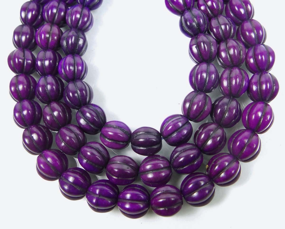 10mm Purple / Violet Turquoise Fluted Melon Round Beads (20)