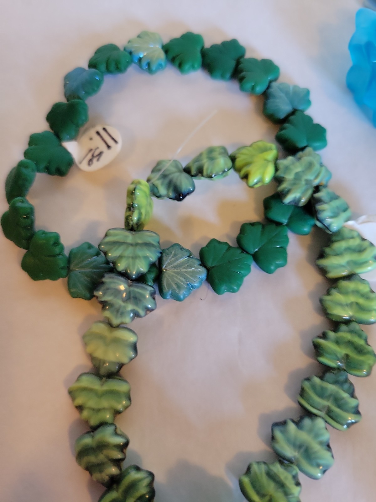 Two New Strands Green Leaf Beads & One New Aqua Blue Flower Glass Strand lot