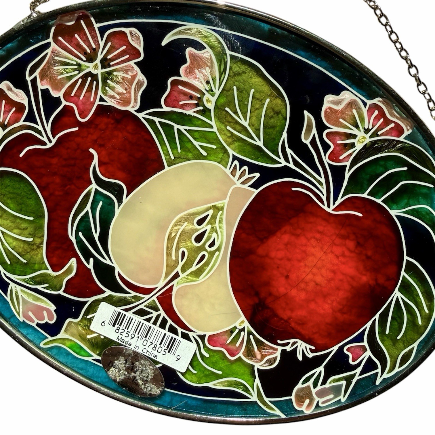 AMIA Stained Glass Suncatcher Apple Blossom Floral Fruit Hand Painted 7”x5.25”