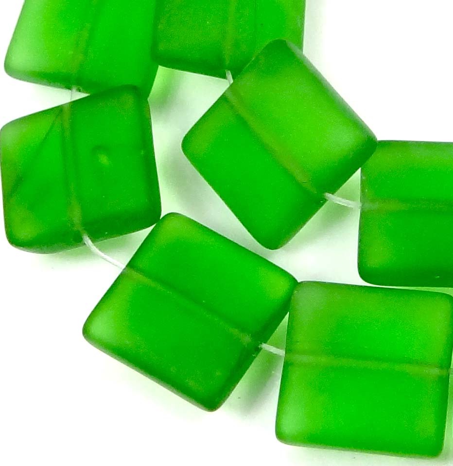 12mm Frosted Sea Glass Square Beads (13) Matte – Emerald Green