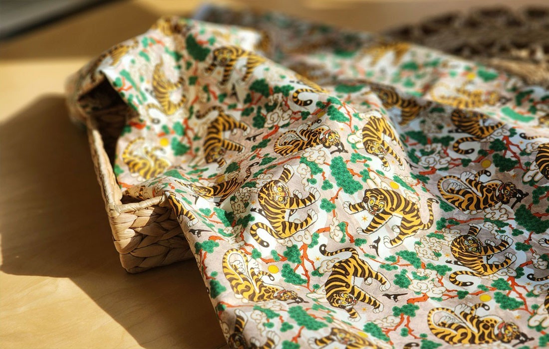 Korean Traditional Magpie & Tiger Beige Patterned Fabric made in Korea BTHY