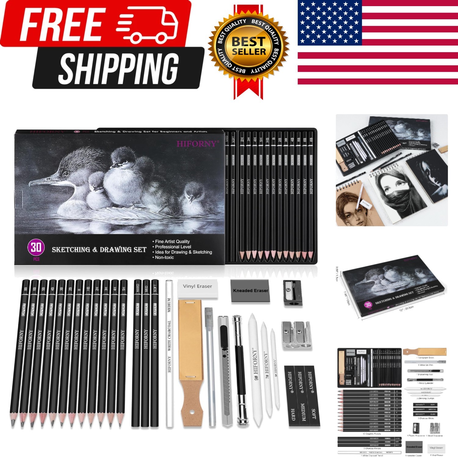 30PCS Professional Drawing Artist Kit Set Pencils And Sketch Charcoal Art Tools