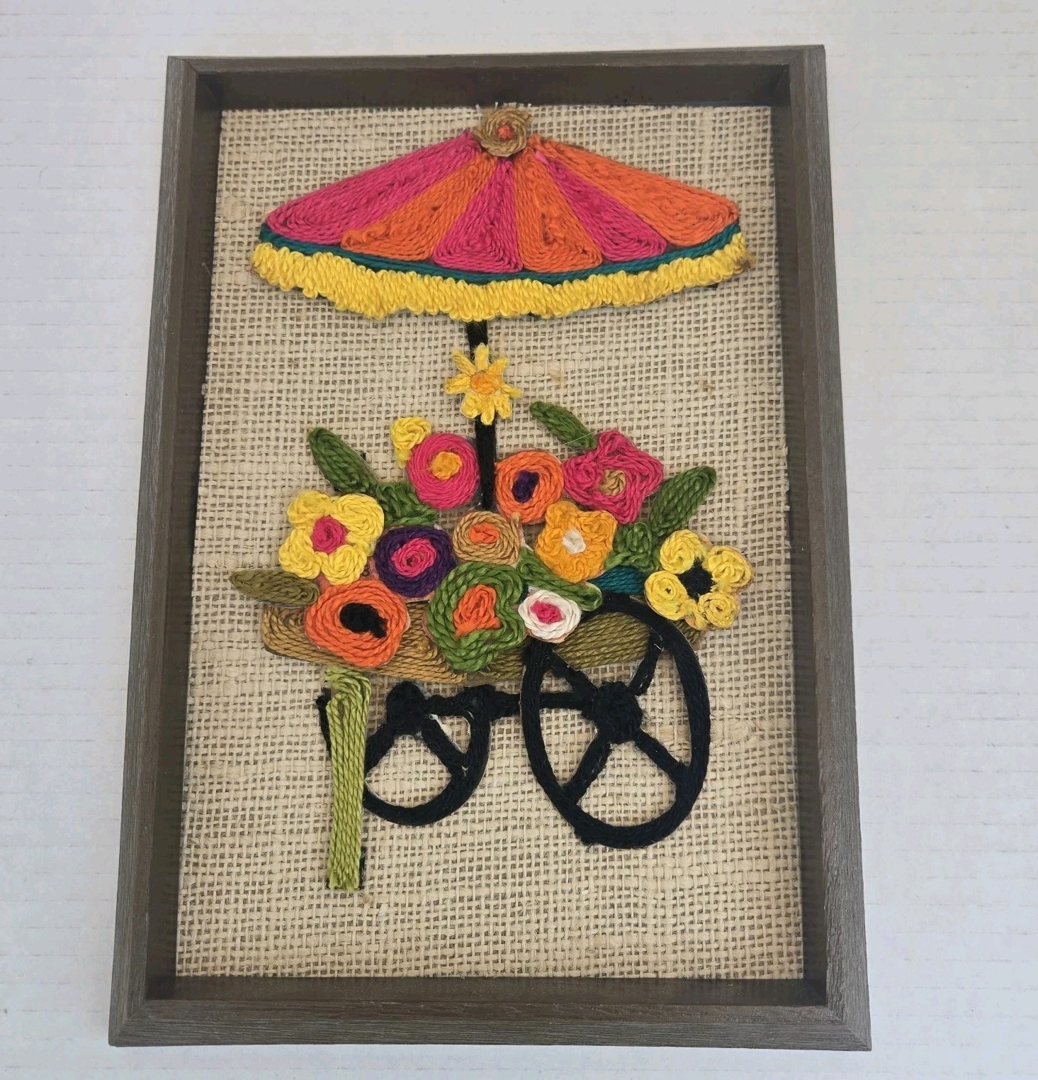 Vtg Revell 3-D Yarn Art Floral Daisy Flower Cart Wall Decor Groovy Boho Cottage