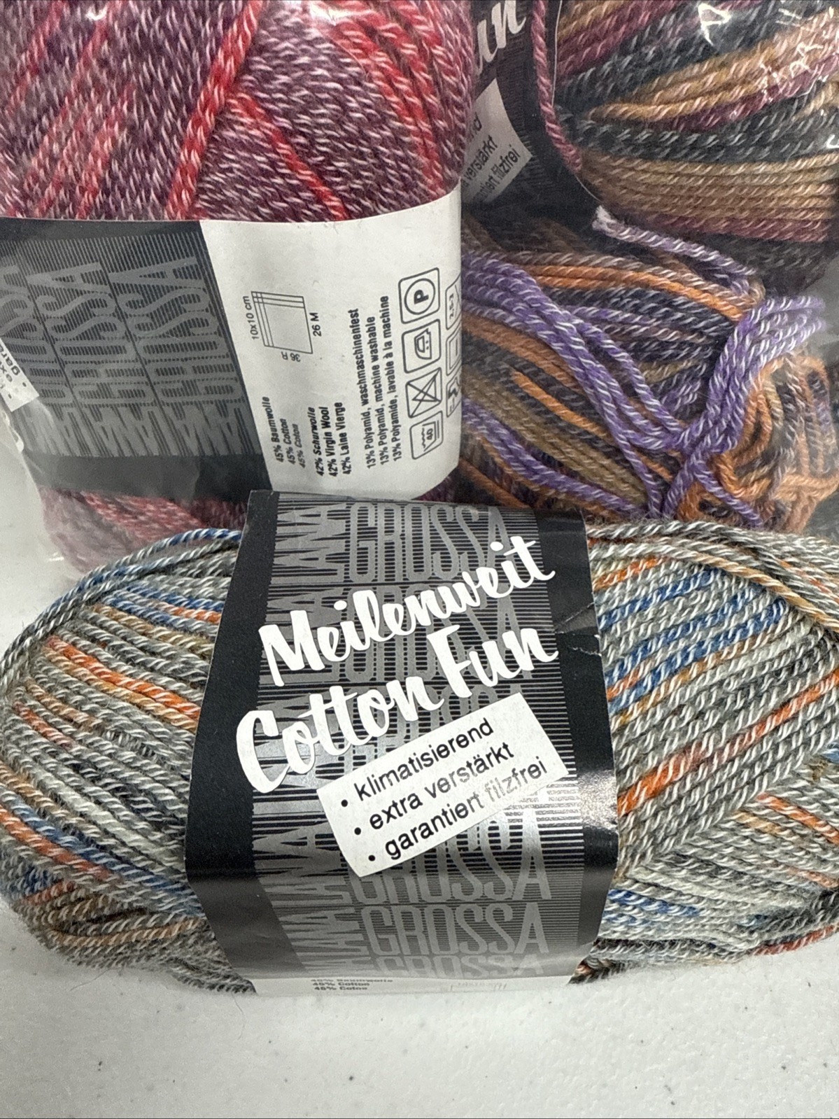 Lana Grossa Meilenweit Cotton Fun Wool/Cotton Yarn Mixed Color 7 Skein Lot