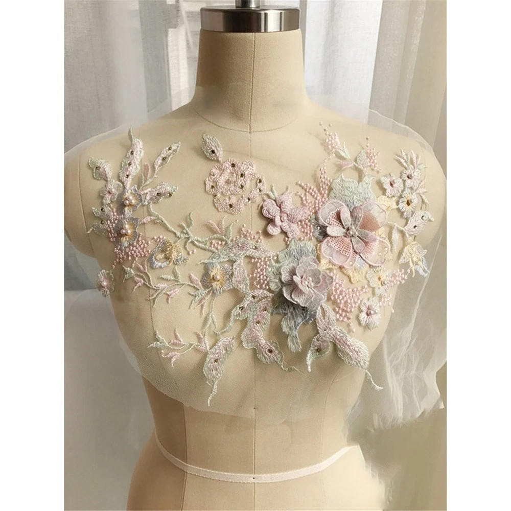 3D Flowers Beaded Lace Fabrics Applique Embroidery Sewing On Patches