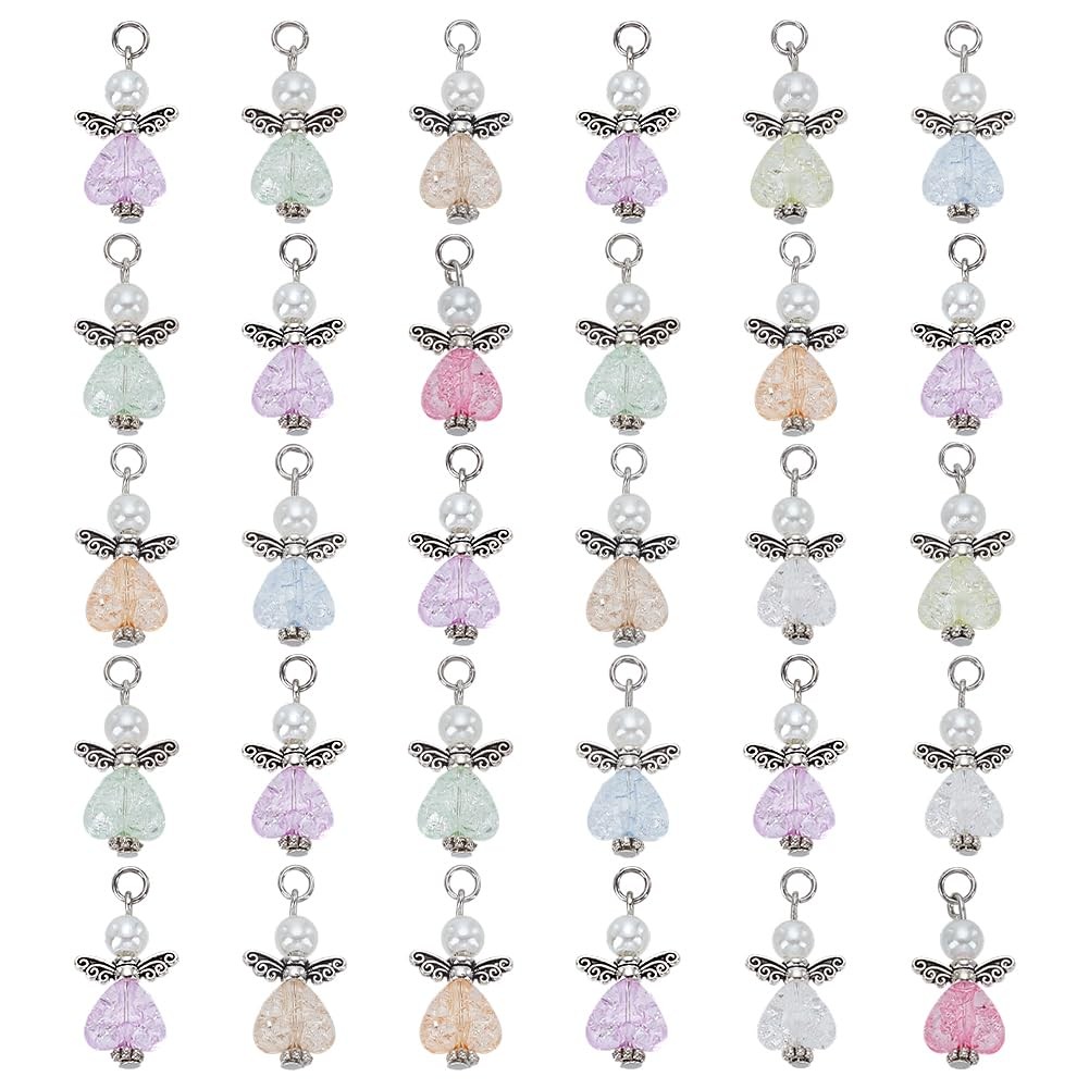 30Pcs Angel Charms, Mixed Angel Wing Pendants Guardian Charms Heart Glass Bead