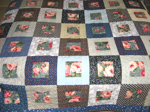 Handmade Quilt NEW 79×85 ‘Singing The Blues’ Hand Quilted Blue Tones Cotton Batt