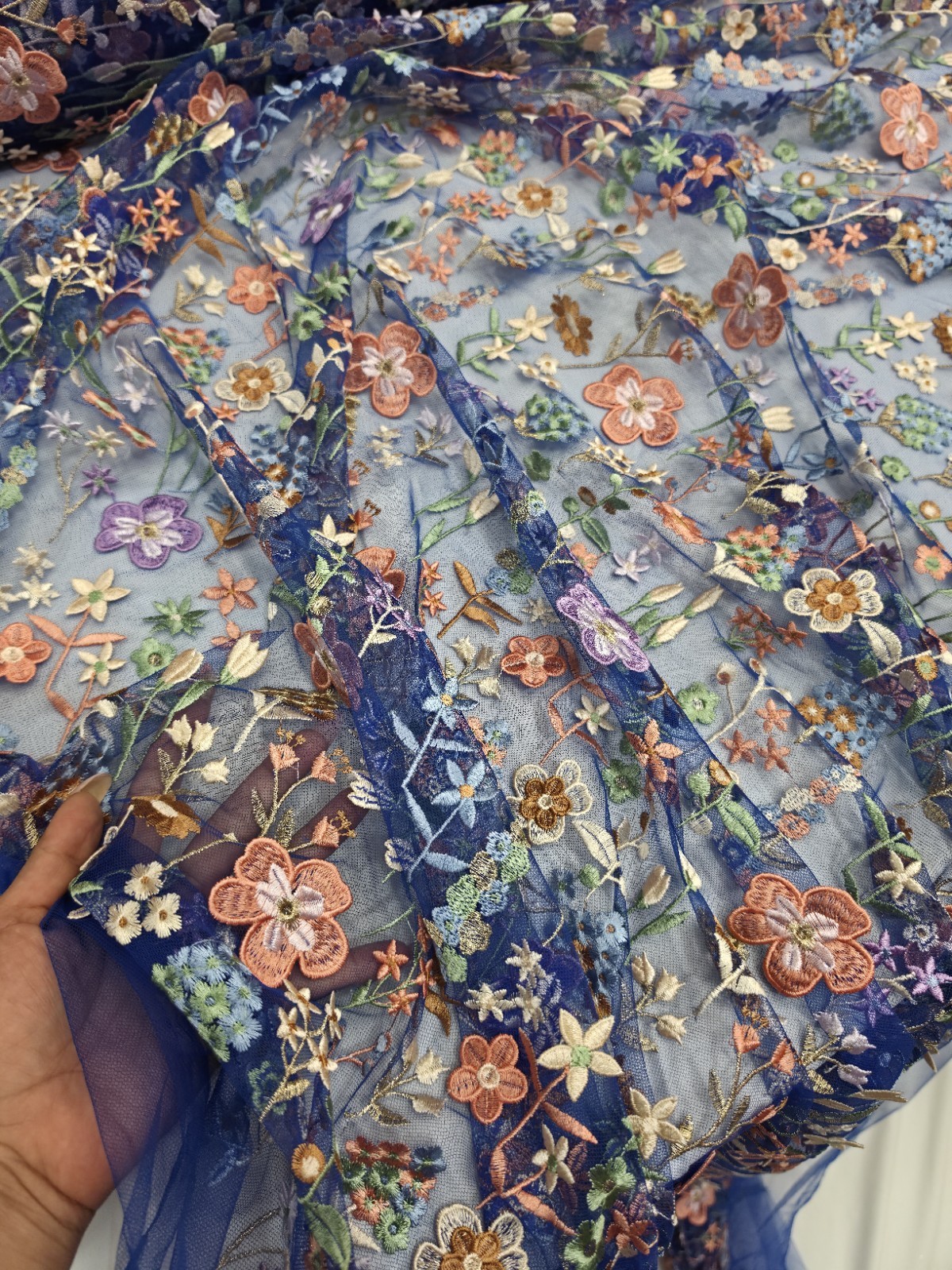 Royal Blue Lace Fabric Sold By The Yard Multicolor Embroidery 3d Floral