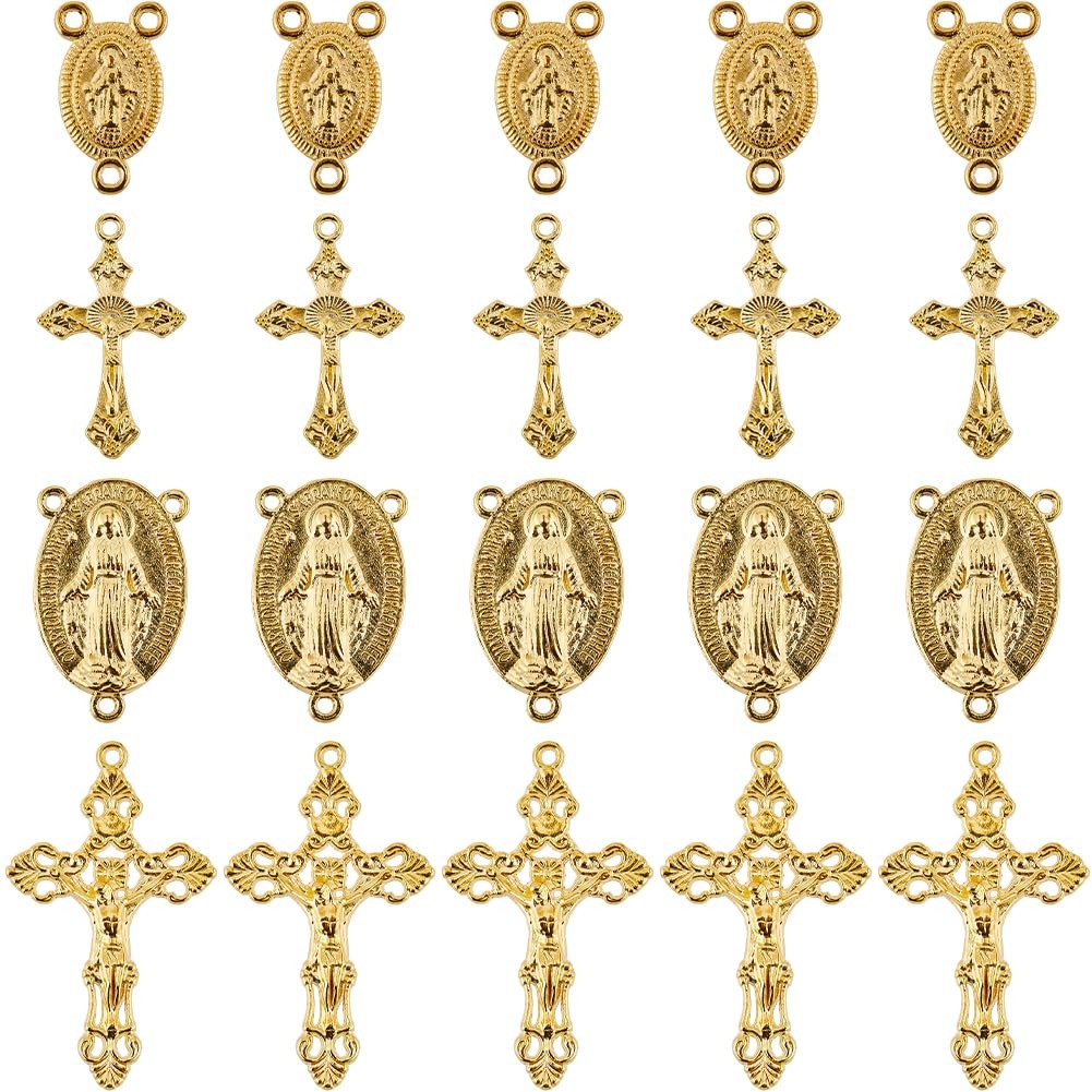 SUNNYCLUE 1 Box 40Pcs 4 Styles Gold Rosary Charm Cross Antique Silver