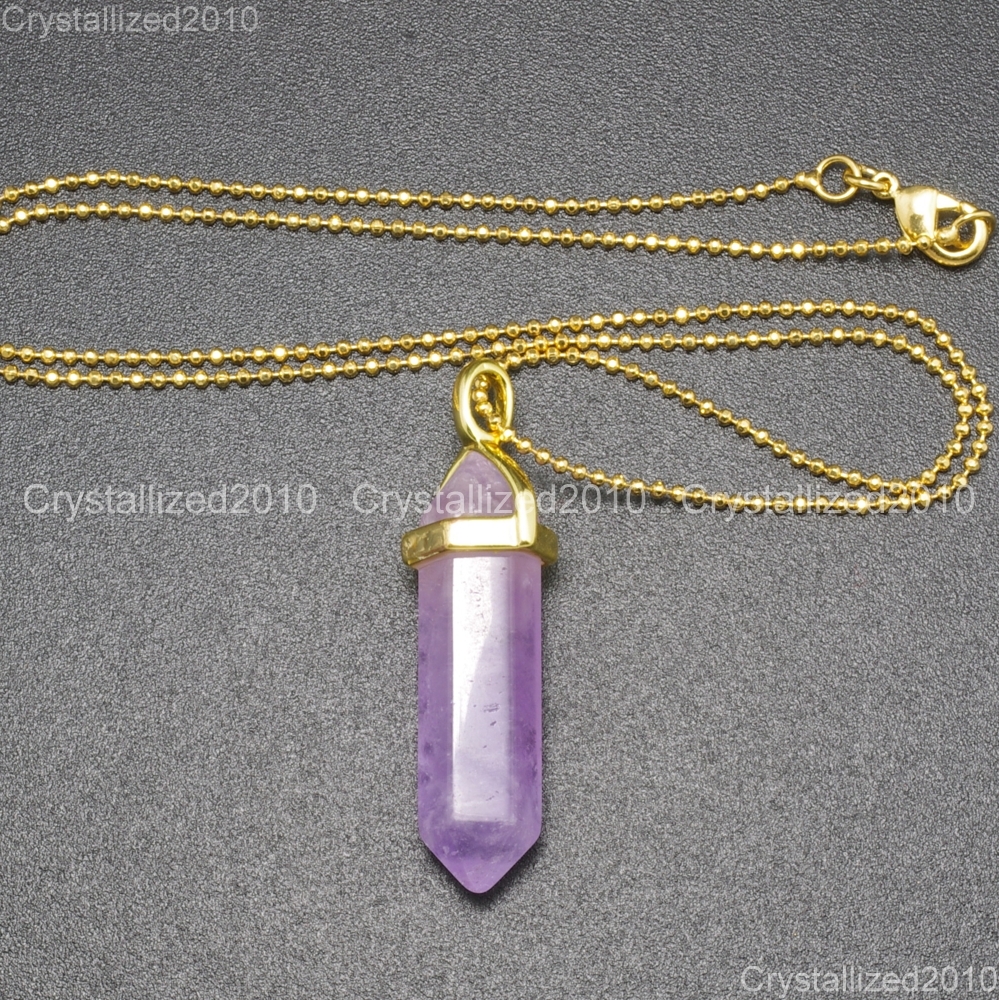 Natural Gemstones Hexagonal Pointed Reiki Chakra Pendant 18K Gold Chain Necklace