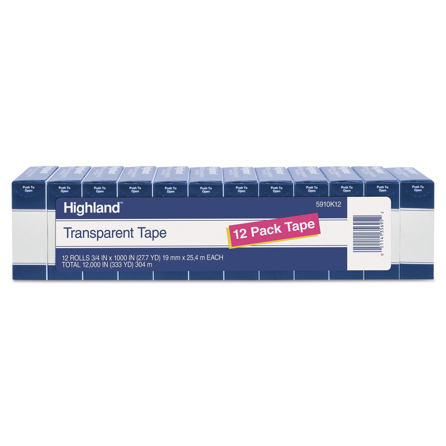 Transparent Tape, 3/4″ x 1000″, 1″ Core, Clear, 12/Pack (5910K12)